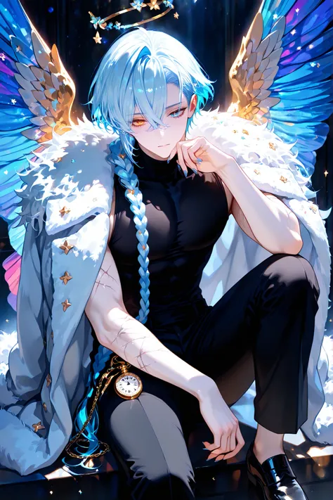super detail, masterpiece, best quality, high resolution, 8k, ultra high anatomy, facial, only 1 boy, very long single braid pale blue hair. white streak, **left blue and right orange eyes**. **Heterochromia eyes**, black turtleneck, black trousers, fur co...