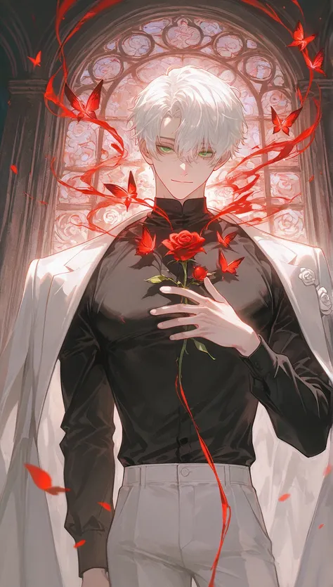 8k, high quality, 1man, adult, handsome, muscle, white haired, bangs down, a little curly haired, short haired, sharp eyes, bright green eyes, long eyeslashes, cool colored, blood, chic, elegant, white pants, black shirt, fancy, red butterflies, dreamy, red rose, she feels strong, he's in mansion, smiled, white roses are stained with blood