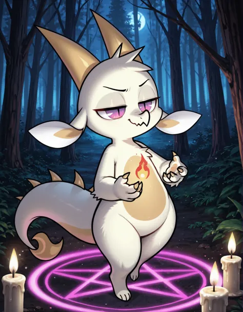fw3nchfwy,, loonajizokustyle,, furry, anthro, solo, dragon, white fur, two-tone fur, horns, short hair, purple eyes, slit pupils, floppy ears, claws, spikes on back, tail,, high detail, 4k, high resolution, good_hands, Detailed background, forest, night, d...