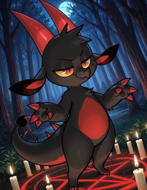 fw3nchfwy,, loonajizokustyle,, furry, anthro, solo, dragon, short hair, slit pupils, floppy ears, claws, spikes on back, tail,, black fur, red fur, two-tone fur, red horns, yellow sclera, red eyes, red claws,, high detail, 4k, high resolution, good_hands, ...