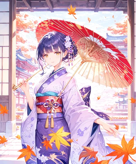 Highest Quality, masterpiece, Ultimate Details, 1 woman holding thunder, Long Blue-Purple Gradation Hair, Golden Eyes, elegant look, wearing a kimono, Gorgeous Purple and Gold Kimono, Floral Obi, Japanese Umbrella, Garden where autumn leaves dance , waterc...