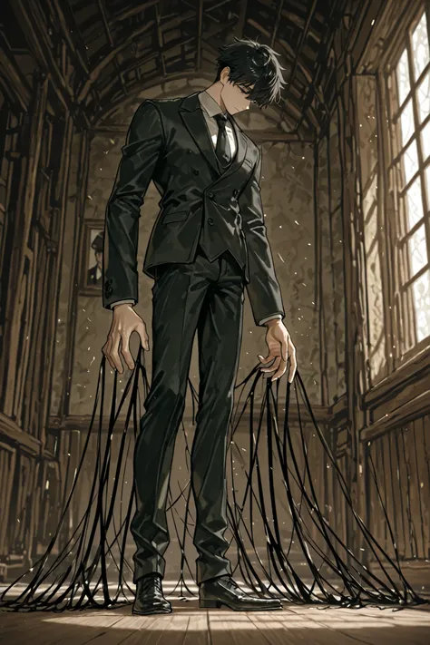 ((Highest Quality)), ((Masterpiece)), ( details), animation、Highest Quality、details、((A man with unusually long hands and legs))、Full Body、((Thin men)), Look down, short dark hair、Wears a Black Suit、Inside the building