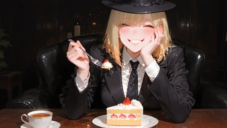 Masterpiece, high resolution, highest quality, flat colors, one girl, mafia boss, cute girl, mafia suit, fedora hat, happy, melting expression, blonde, eating cake, holding a fork with half-eaten cake in her right hand, holding her cheek with one hand, blu...