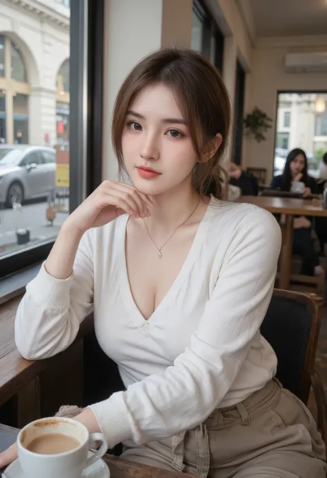 a young Taiwan woman with slim but healty waist, pale skin, long slightly wavy hair, big eyes, big pupils, sharp nose, small cute lips, perfect body, slightly toned stomach, wide hips, (wearing a white long-sleeved drawstring, wearing low-waist loose beige...