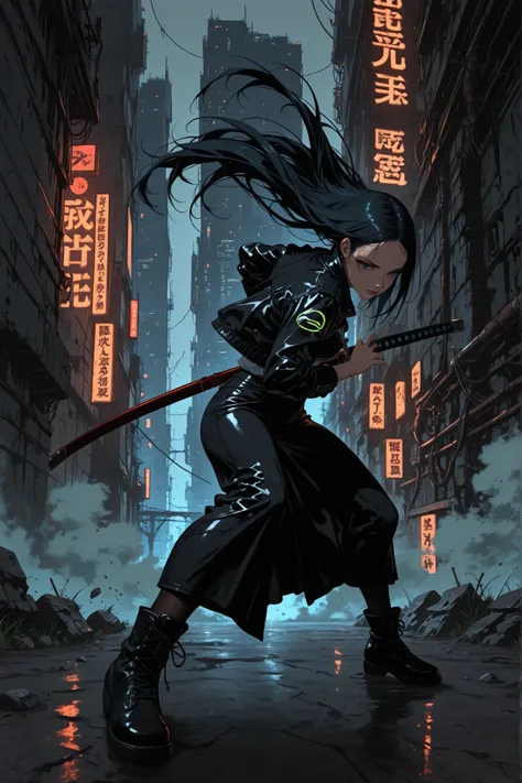 iaidou,weapon, katana, holding sword, ready to draw, sheathed, unsheathing, scabbard,pksinozick,m0eb0s,flat color, (masterpiece, best quality), european comic art style, bande dessinée style, cyberpunk aesthetic, neon lights, futuristic cityscape backgroun...