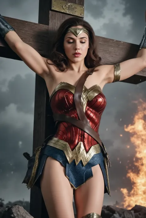 rain,Heavy rain,豪rain,In the midst of a storm,Full body soaked,my hair is soaked,dripping water,((crucifixion)),(cross),(execution),((incontinence)),Bruises on the face,facial scars,close ~ eye,sleeping face,syncope,((Woman in crucifixion at the cross:1.5)...