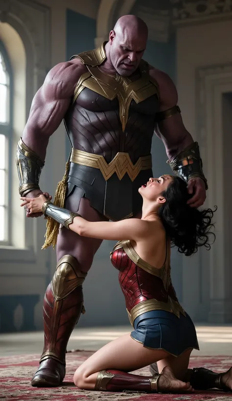 Gal Gadot as Wonder woman, bright white skin, painful face, she is kneeling face to a huge body standing Thanos, she resist and screaming, she is screaming in pain, naked huge body Thanos is standing close to her face, he hold her head hardly and push her ...