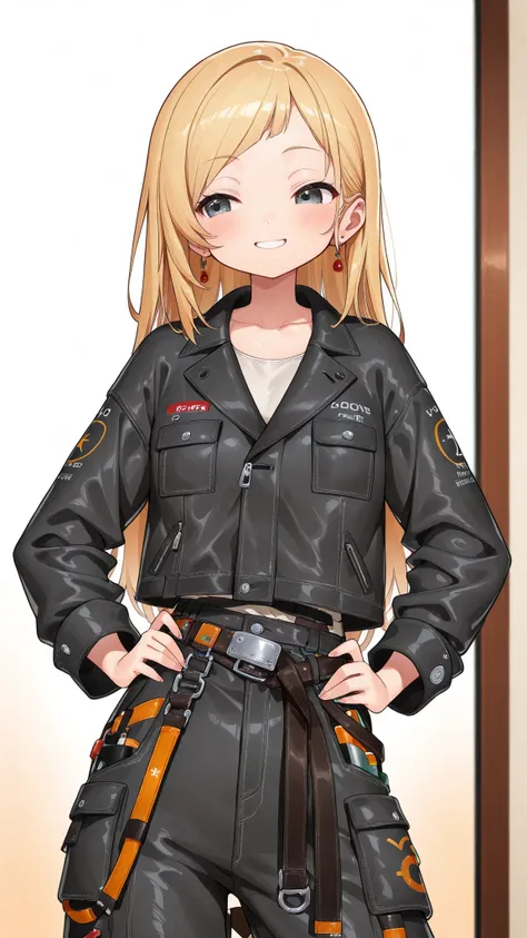 high school girl、(long blonde) 、((cute、LOOKING HERE、smiling、black mechanic jacket、1girl))、Standing picture、anime style、high image quality、High Quality