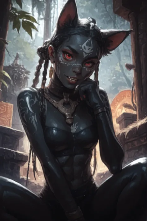 Drawn like the artist Bob Kehl. The indiginous (Inca) cat-girl has white and dark hair, shiny skin with fur, red-coloured eyes, with sharp teeth, athletic body and abs. Small and buxom. Cute, round and young face. White highlights in her braid. She wears A...