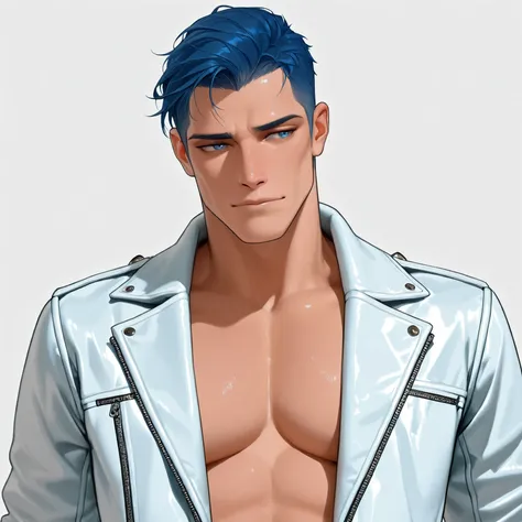 Portrait of Strikingly attractive hunky male seducer, male focus, blue haircut, blue eyes, masculine hunky face, skintight white leather jacket with high colar, australian man, agile slim body, extremely narrow waist, ultra quality, no background, underrai...