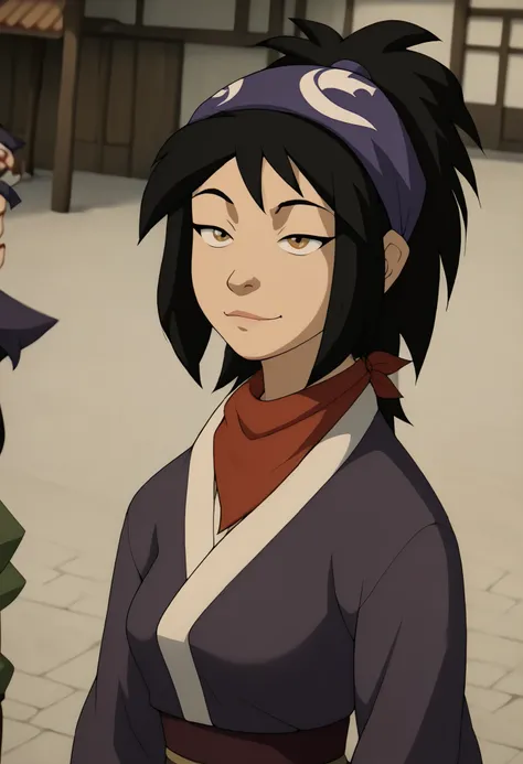 An avatar character. A girl. Purple traditional clothes. Long black hair. Thin face. Bandana