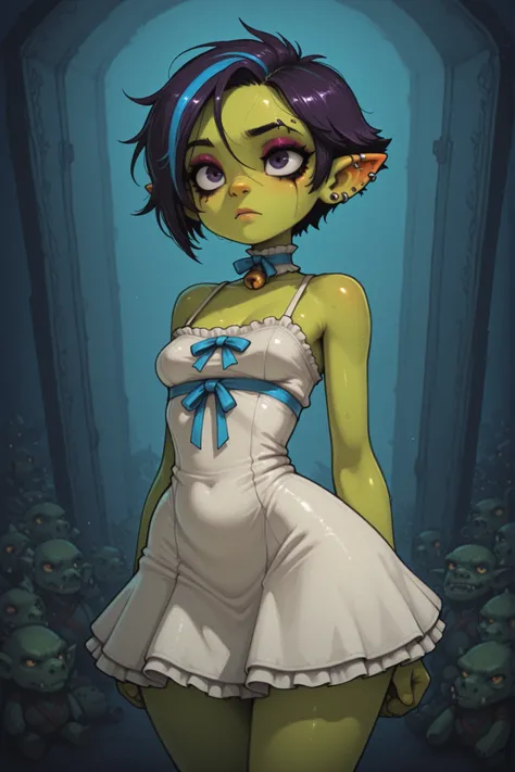 female punk, random colors hair, very short hair, black eye , facial piercings, eye makeup, small breasts, meduim hips, (goblin girl:1.0) (shortstack:1.0) (green skin:1.0) (pointy ears:1.0) (wide hips:1.0)| Highest Quality、anime style、masterpiece、The girl...