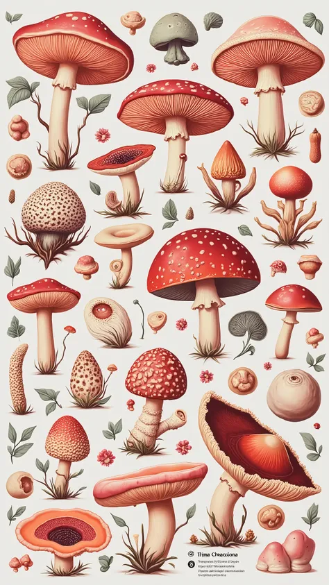 ((the best quality)), ((masterpiece)), (detailed) , design for a t-shirt of an ultra-detailed infographic of fungi ( different species ). intricate design , dark flat background, illustration of fungi acid colors,  Psicodelia. All elements in the format. F...