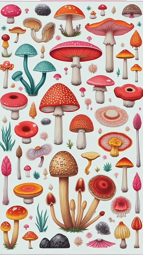 
((the best quality)), ((masterpiece)), (detailed) , design for a t-shirt of an ultra-detailed infographic of fungi ( different species ). intricate design , plain dark background , illustration of fungi acid colors, psychedelic colors, (mushrooms with dif...
