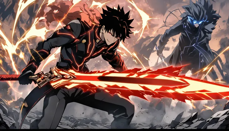 Anime-style illustration of a powerful male protagonist standing on cracked stone ground surrounded by floating golden energy shards. He has messy dark hair, a confident smirk, and wears a long black coat fluttering dramatically. In his hands, he grips a m...