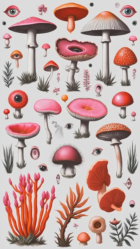 (the best quality)), ((masterpiece)), (detailed) , design for a t-shirt of an ultra-detailed infographic of fungi y ojos humanos (mushrooms and separate eyes, "Do not combine") ( different species ). intricate design , plain dark background , illustration ...