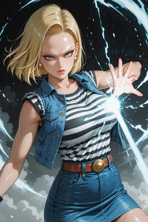 dqstyle,intricate_details_xl,Highest Quality, masterpiece, Ultimate Details, android 18, short blonde hair, cool expression, pearl earrings, black striped shirt, Denim Skirt, Denim vest, Kamehameha posture, Pale white light vortex, Energy Wave, Intense Lig...