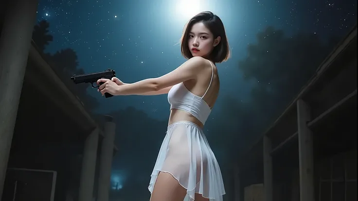 (((low angle view))), a naked 19-year-old woman in the mid-ground:0.4, under the beautiful starry sky, divine atmosphere, foggy, large-breast:1.2, (((((side boob))))), transparent:0.1 short:0.1 white shift dress, slim:0.6 body, cold face, slim face, (((aim...