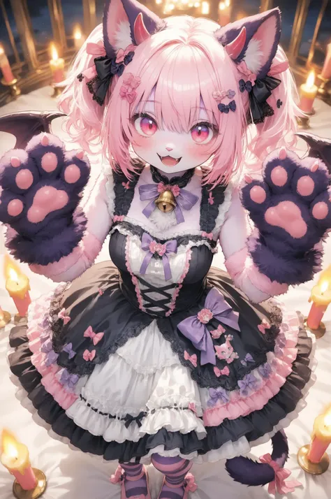 Super cute cat devil girl with pink inner ears devil's horns and purple bow decoration,devil woman,devil's wings and tail,,furry Suits large expressive anime-style eyes on the costume head, fluffy pink and purple fur gloves with pink paw pads, (elaborate s...