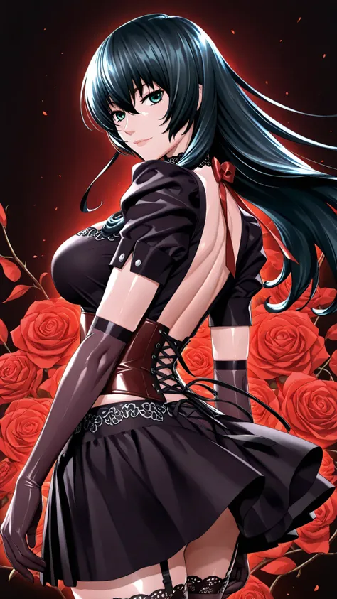 solo, Igawa Asagi,  black hair, long hair, Tight waist、Small waist、shiny Skin ,  (upper body), light smile,  gothic theme, shoulderless black velvet blouse with layered puff sleeves, deep red ribbon brooch, shiny black satin waist-cinching corset, bell-sha...