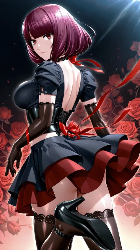 solo, Oboro,  purple hair, short hair, Tight waist、Small waist、shiny Skin ,  (upper body), light smile,  gothic theme, shoulderless black velvet blouse with layered puff sleeves, deep red ribbon brooch, shiny black satin waist-cinching corset, bell-shaped ...