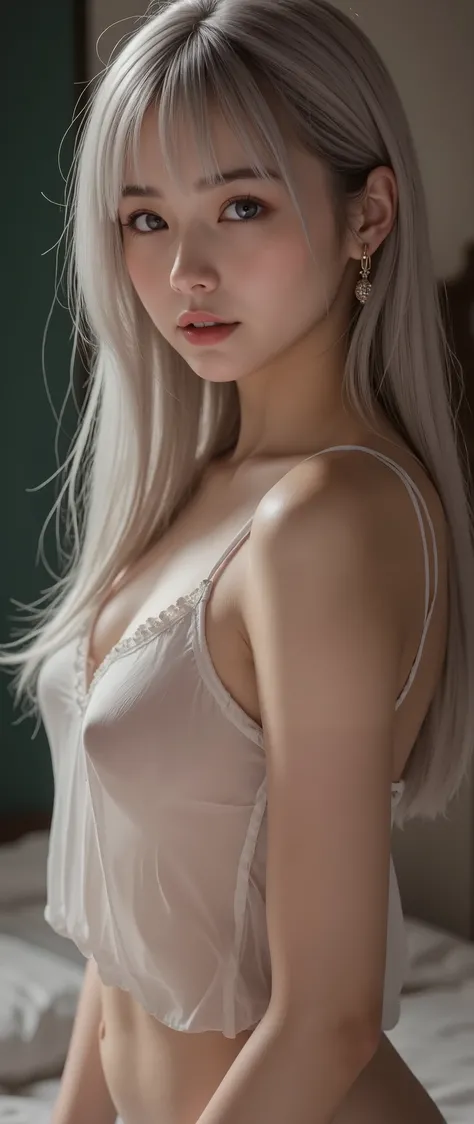 Girl Staring Upwards、diagonally from above、long silver hair, small tits、G-string underwear、Raise your arms up to show your bare armpits、寝室でSexy Posesで立ってこちらを見つめている, The organza camisole is transparent and allows you to see your nipples well。I just don't ha...