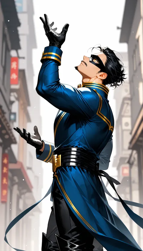 solo, half body, {((male)), my hero academia, ((mature:9)), toned body, muscular, ((black hair)), clean short hair, sleek back hair, light skin, ((yellow eyes)), facial hair: goatee and mustache, sideburns, confident expression, ((black eye-mask)), confide...