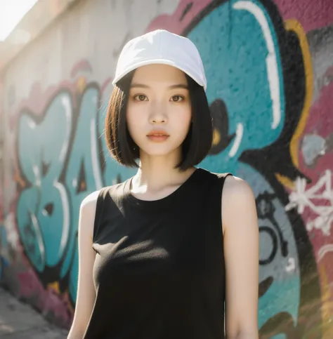 beautiful 28-year-old Thai idol girl, giant saggy breasts, rosto delicado, with medium straight hair inverted bobcut style, wearing white cap, cabelo negro, light brown eyes, camiseta preta, sleeveless wide-neck t-shirt, sunny graffiti wall, centered expre...