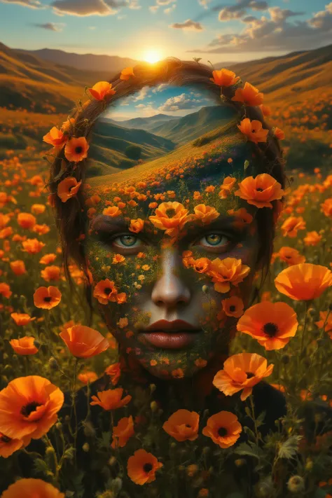conceptual landscape portrait, top-down view of female head transforming into blooming poppy meadow, multiple exposure technique merging human and nature, California wild flowers creating organic hair texture, Guy Bourdin's bold color sensibility mixed wit...