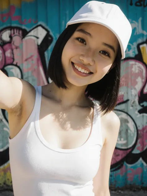 gorgeous 16-year-old Thai idol girl with giant saggy breasts scattered around, rosto delicado, with medium straight hair inverted bobcut style, wearing white cap, cabelo negro, light brown eyes, Thin white tanktop with high skin exposure, sunny graffiti wa...