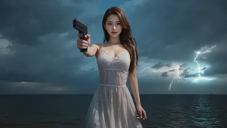 (((low angle view))), a naked 19-year-old woman in the mid-ground:0.4, under the beautiful starry sky, divine atmosphere, foggy, large-breast:1.2, (((((side boob))))), transparent:0.1 short:0.1 white shift dress, slim:0.6 body, (((cold face))), slim face, ...