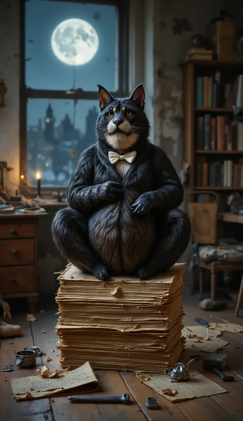 #Theme A huge black Hippopotamus cat with a mischievous smile and a small white bow tie is intently chatting with a large anthropomorphic comical and ridiculous cockroach. He sits cross-legged on a tall, precarious stack of handwritten sheets belonging to ...