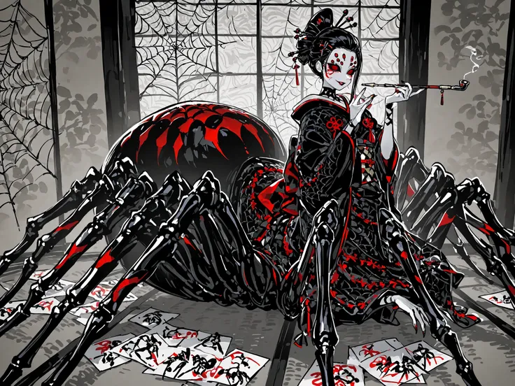  Japanese woman, a drider, spider hybrid. (((Arachne,Taur,Spider Body.))Her lower body is black widow spider:spider body, eight segmented articulated spider legs covered with red markings.) She has a white skin. She has red lipstick. she smiles slyly. She ...