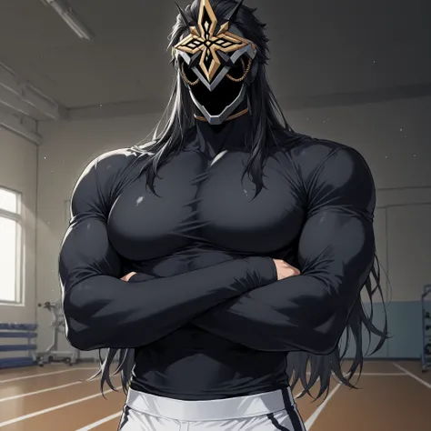 score_9, score_7_up, source_anime
ilcapitano, 1boy, solo, male focus, black hair, long hair, mask, faceless, masked male,
gym interior, modern gym room, workout environment, indoor lighting,
tight black compression shirt, black athletic shirt, long-s...