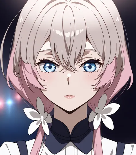 A young woman is shown with voluminous pastel pink hair that cascades down the shoulders in soft curls, adorned with a delicate band of light brown. Her behavior suggests a relaxed and reflective mood, as she rests her chin on her hands. She wears a pale b...