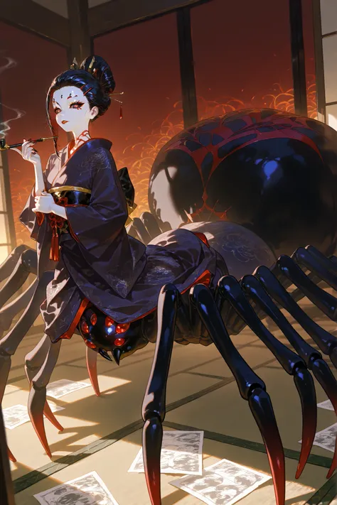  Japanese woman, a drider, spider hybrid. (((Arachne,Taur,Spider Body.))Her lower body is black widow spider:spider body, eight segmented articulated spider legs covered with red markings.) She has a white skin. She has red lipstick. she smiles slyly. She ...