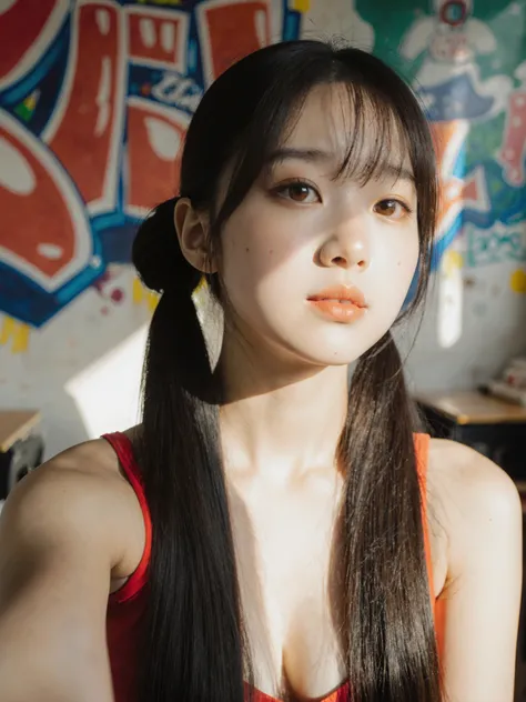 Beautiful 17-year-old Chinese idol girl with gigantic saggy breasts, rosto delicado, for extremely long straight hair doubletails style low, cabelo castanho, amber eyes, thin red tanktop, pele oleada, sunny graffiti wall, tirando uma selfie, expression Ahe...