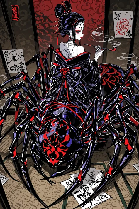  Japanese woman, a drider, spider hybrid. (((Arachne,Taur,Spider Body.))Her lower body is black widow spider:spider body, eight segmented articulated spider legs covered with red markings.) She has a white skin. She has red lipstick. she smiles slyly. She ...
