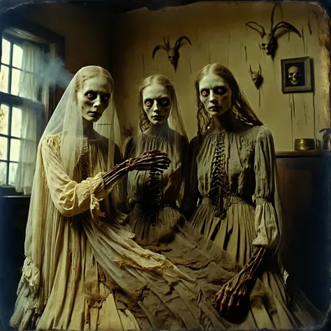 masterpiece, best quality, old photo texture, daguerreotype, tintype, sepia color, brown and yellowed, antique, vintage, aged paper, scratches, dust particles, faded edges, historical photograph, 19th century style, high detail, ultra complex , 8k, 3 women...