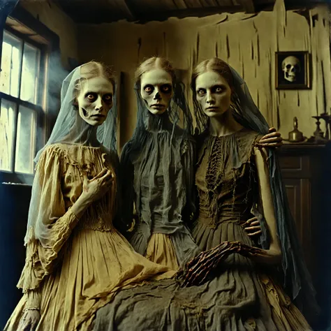 masterpiece, best quality, old photo texture, daguerreotype, tintype, sepia color, brown and yellowed, antique, vintage, aged paper, scratches, dust particles, faded edges, historical photograph, 19th century style, high detail, ultra complex , 8k, 3 women...