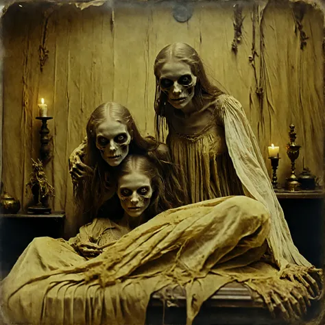 masterpiece, best quality, old photo texture, daguerreotype, tintype, sepia color, brown and yellowed, antique, vintage, aged paper, scratches, dust particles, faded edges, historical photograph, 19th century style, high detail, ultra complex , 8k, 3 women...