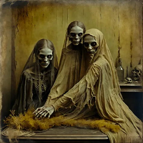 masterpiece, best quality, old photo texture, daguerreotype, tintype, sepia color, brown and yellowed, antique, vintage, aged paper, scratches, dust particles, faded edges, historical photograph, 19th century style, high detail, ultra complex , 8k, 3 women...