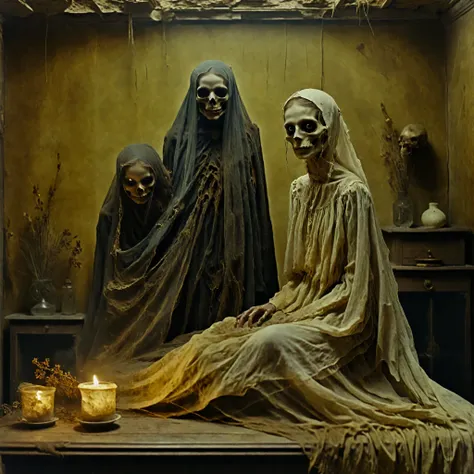 masterpiece, best quality, old photo texture, daguerreotype, tintype, sepia color, brown and yellowed, antique, vintage, aged paper, scratches, dust particles, faded edges, historical photograph, 19th century style, high detail, ultra complex , 8k, 3 women...