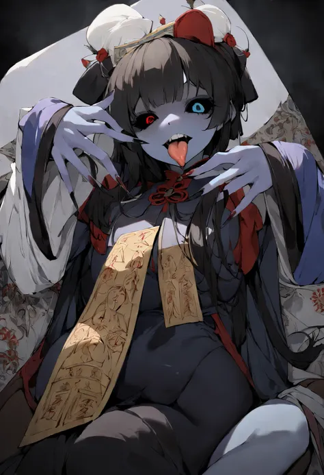 tongue sticking out, colored skin, zombie pose, black sclera, ofuda, long nails, sitting on a coffin, Qing Dynasty area, 1 girl, (best quality, super sharp, detailed),Sexy