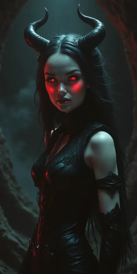 Dark fantasy digital art, a devil girl with glowing red eyes and sharp horns, wearing a black leather outfit with intricate details. Her pale skin contrasts with the fiery glow of her eyes, as she smirks with confidence. The background is a dimly lit dunge...