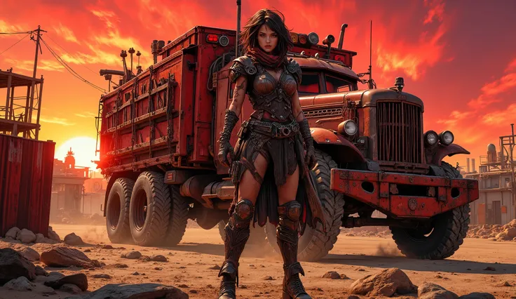 Anime style,full body shot, panoramic view, aidmamj6.1,Anime style, warm dark red and black themed color,realistic photo, sci-fi and fantasy mix, sci-fi and post-apocalipric style,   mad max style, young and strong woman, Dark queen of oil rafinery, very s...