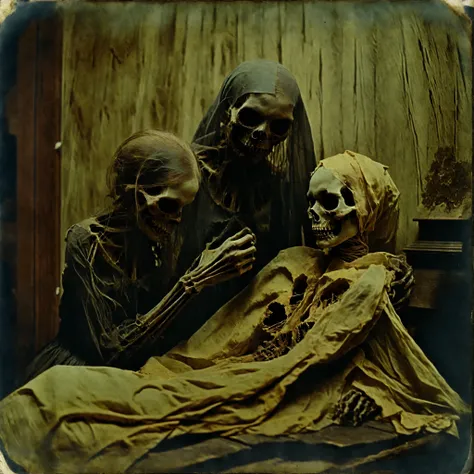 masterpiece, best quality, old photo texture, daguerreotype, tintype, sepia color, brown and yellowed, antique, vintage, aged paper, scratches, dust particles, faded edges, historical photograph, 19th century style, high detail, ultra complex , 8k, 3 women...