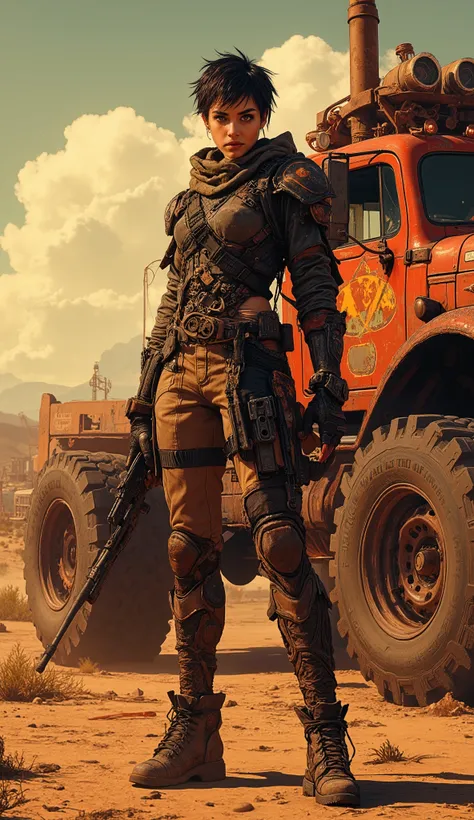 Anime style,full body shot, panoramic view, aidmamj6.1,Anime style, warm and Red and Black themed color,realistic photo, sci-fi and fantasy mix, sci-fi and post-apocalipric style, mad max style, young and strong woman, Dark queen of oil rafinery, very sh...