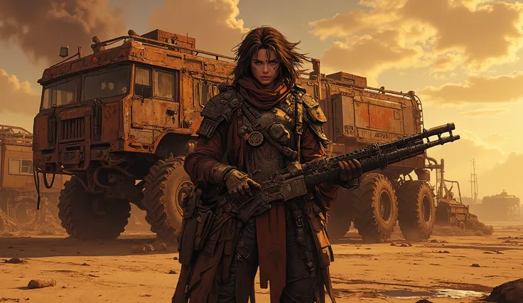 Anime style,full body shot, panoramic view of throne hall, aidmamj6.1,Anime style,warm themed color,realistic photo, sci-fi and fantasy mix,  mad max style, young and strong woman, Dark queen of oil rafinery, very short and dirty hair, hair is messy and un...