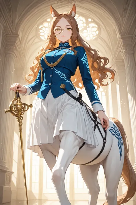 1girl, (((blue ceremonial jacket))), blue jacket, centaur, horse legs, human torso, (((white horse legs))), taur, pointy ears, fur on ears, monster girl, bright-brown hair, fancy braid, long hair, wavy hair, parted bangs, forehead, noble, monocle, golden m...
